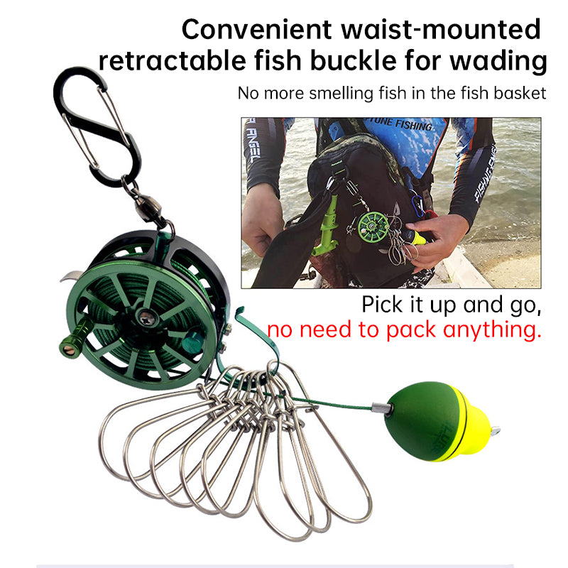 Stainless Steel Live Fish Stringer with Reel - 8 Clips Fishing Lock Stringer & Float