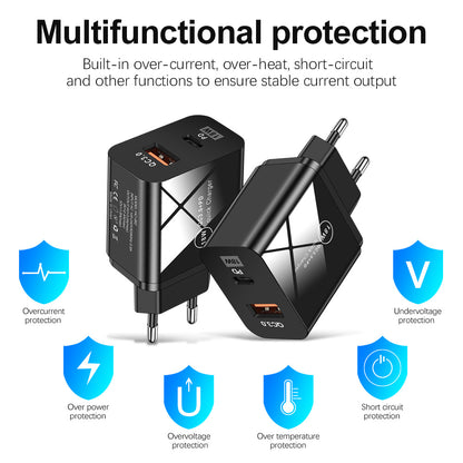 Dual-Port Fast Charging Adapter - 18W QC3.0 PD USB-A & Type-C Wall Charger