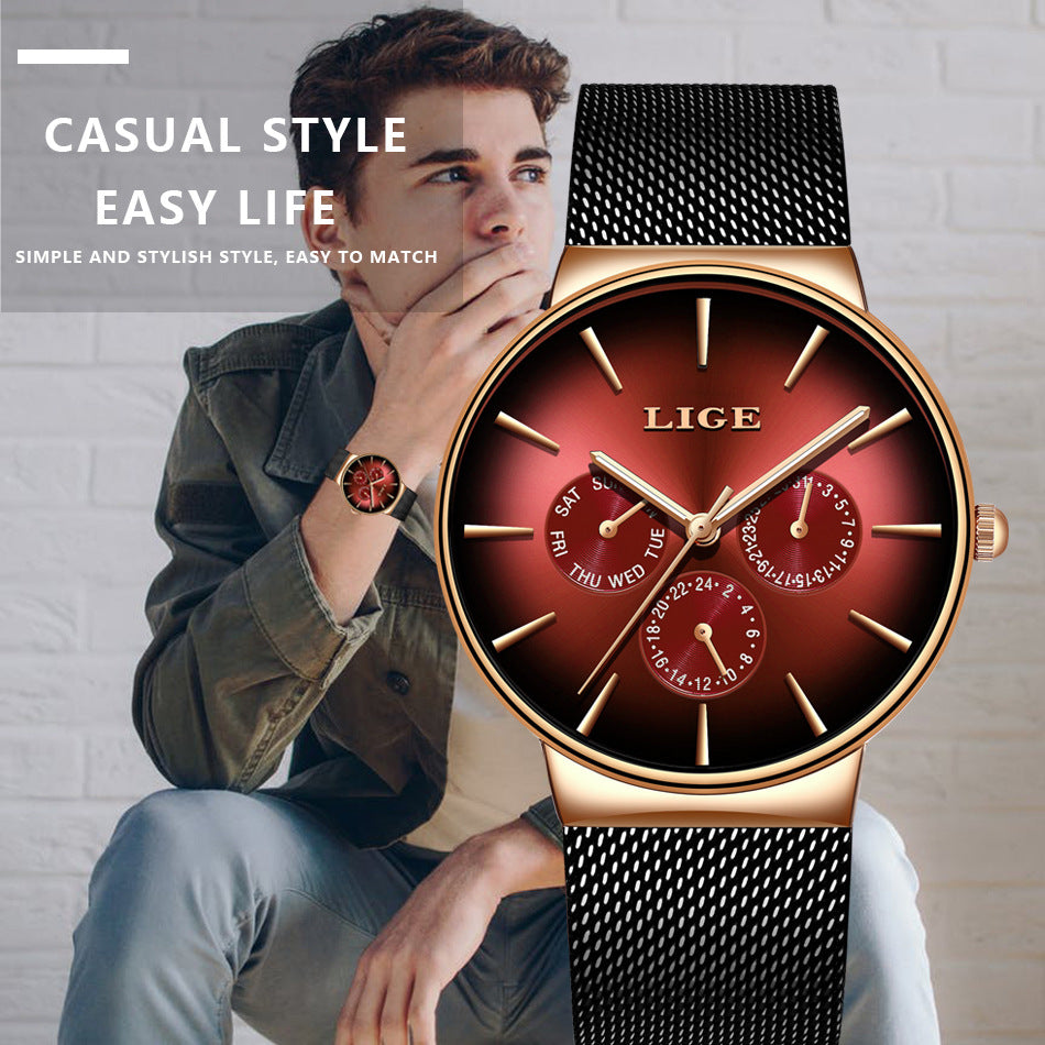 LIGE Men's Luxury Quartz Watch - Slim Mesh Strap Waterproof Business Wristwatch