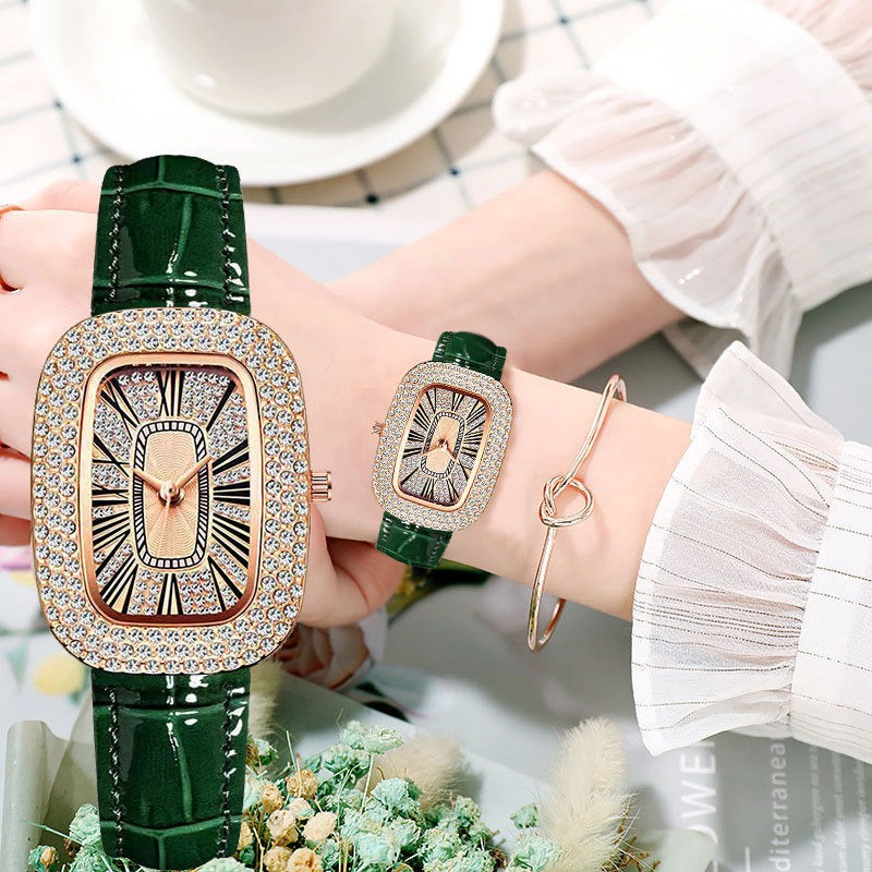 Elegant Small Green Quartz Watch for Women with Rhinestone Bezel