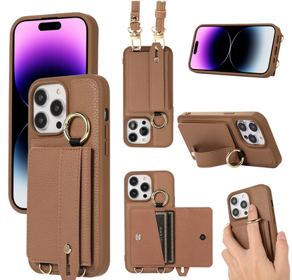 Leather Card Holder Phone Case with Wrist Strap & Stand - Multifunctional Wallet Cover for iPhone