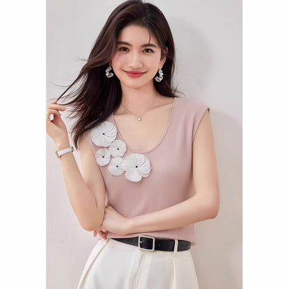 Women's Soft Knit Vest - Summer Fashion Floral Embroidery Top