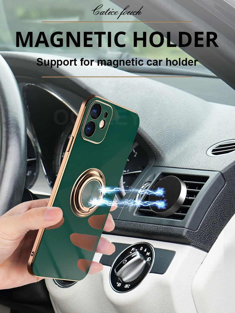 Luxury Plating Ring Holder Case for iPhone 14 13 12 - Magnetic Car Mount Kickstand Soft Silicone Cover