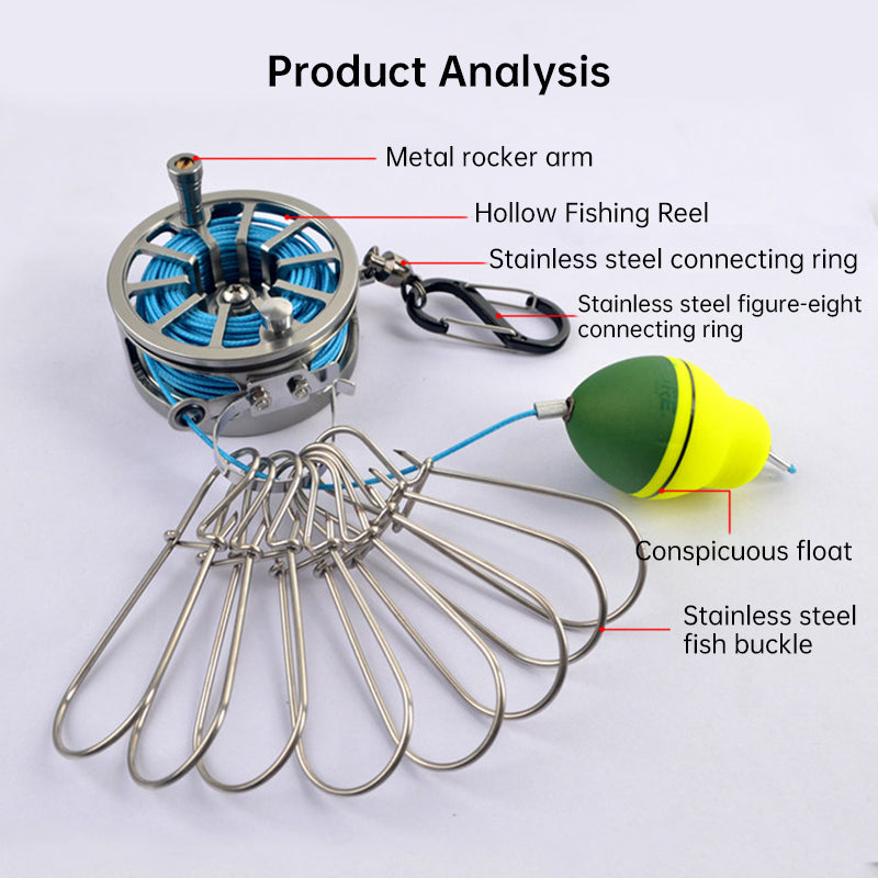 Stainless Steel Live Fish Stringer with Reel - 8 Clips Fishing Lock Stringer & Float
