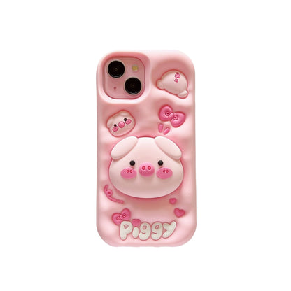 Kawaii Pink Piggy Soft Silicone Phone Case with Stand - Cute Protective Cover for iPhone 16 15 Pro Max