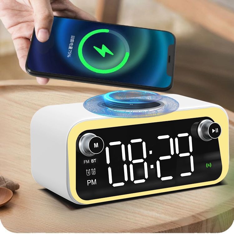 Wireless Charging Bluetooth Speaker Desk Clock - LED Digital Alarm Clock with Thermometer