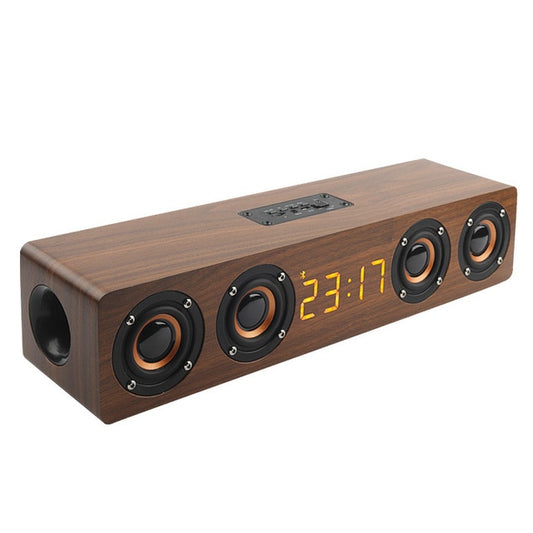 Wooden Bluetooth Soundbar Speaker - Portable Wireless Home Theater Subwoofer with Alarm Clock & FM Radio