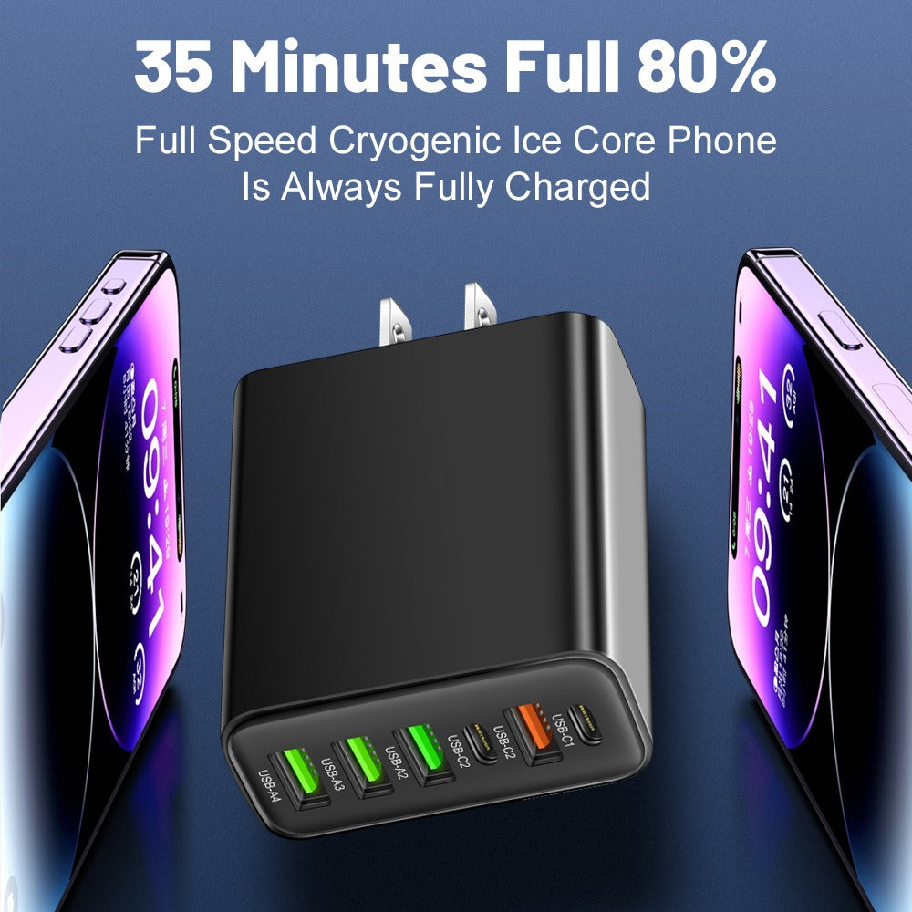 6-in-1 Multi-Port Travel Wall Charger - 2 Type-C PD & 4 USB Fast Charging Adapter
