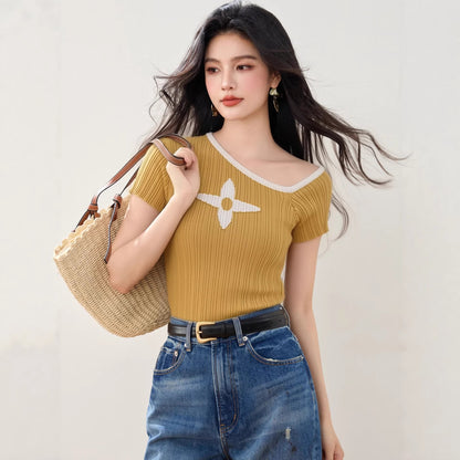 Cute Short Sleeve Asymmetrical Knit Top - Unique Summer Fashion Design Tee for Women