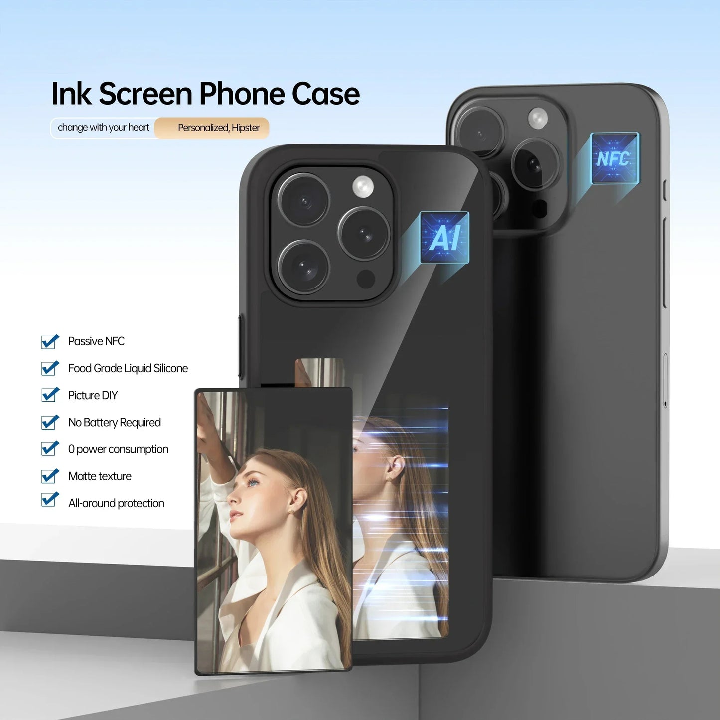Smart E-Ink Screen NFC DIY Photo Display Phone Case for iPhone 15 14 13 Pro Max - Battery-Free Refreshable Cover