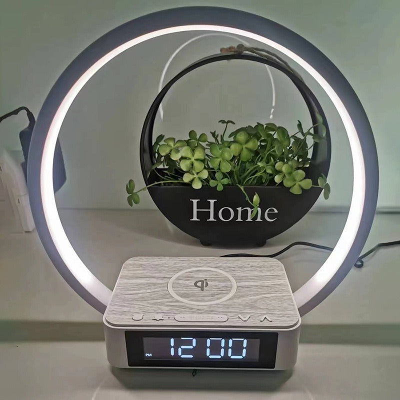 Modern Touch LED Bedside Lamp with Wireless Charger & Digital Alarm Clock - Wood Grain Night Light