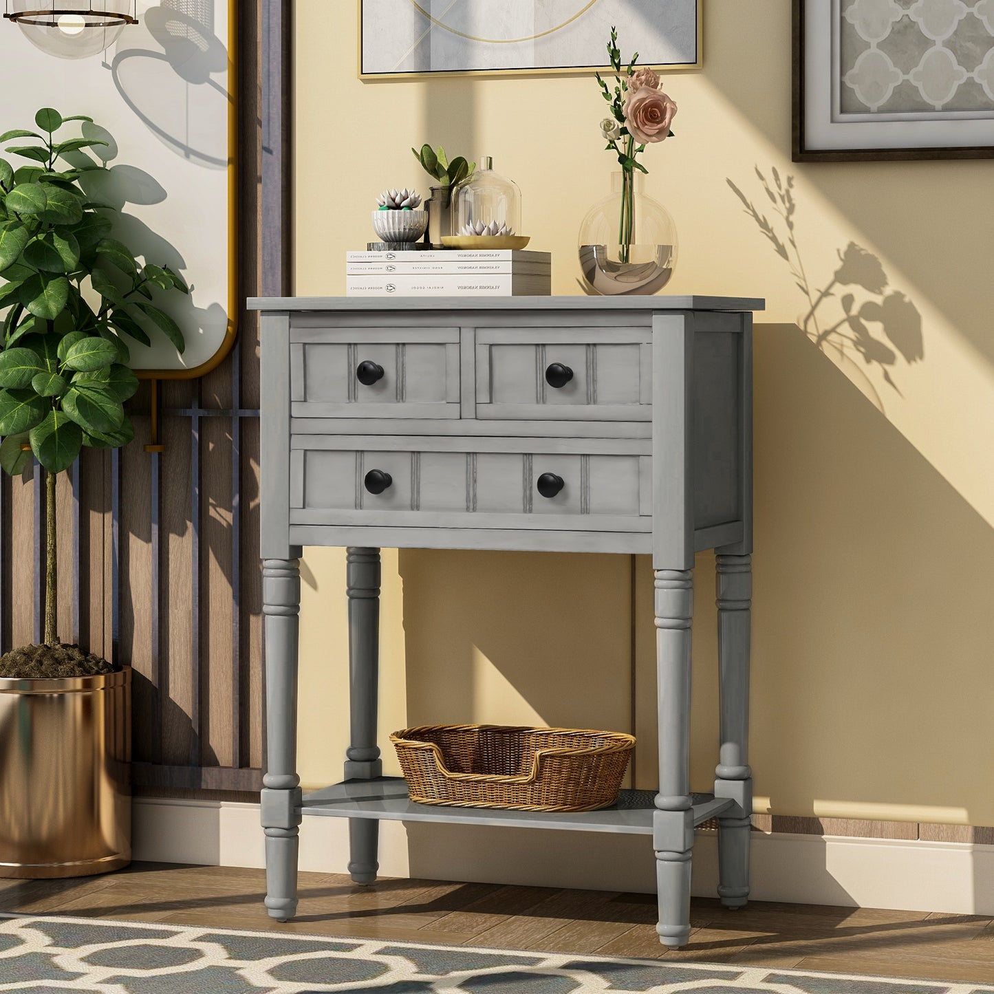 Narrow Console Desk/Sofa Table with Three Drawers (Grey Washed)