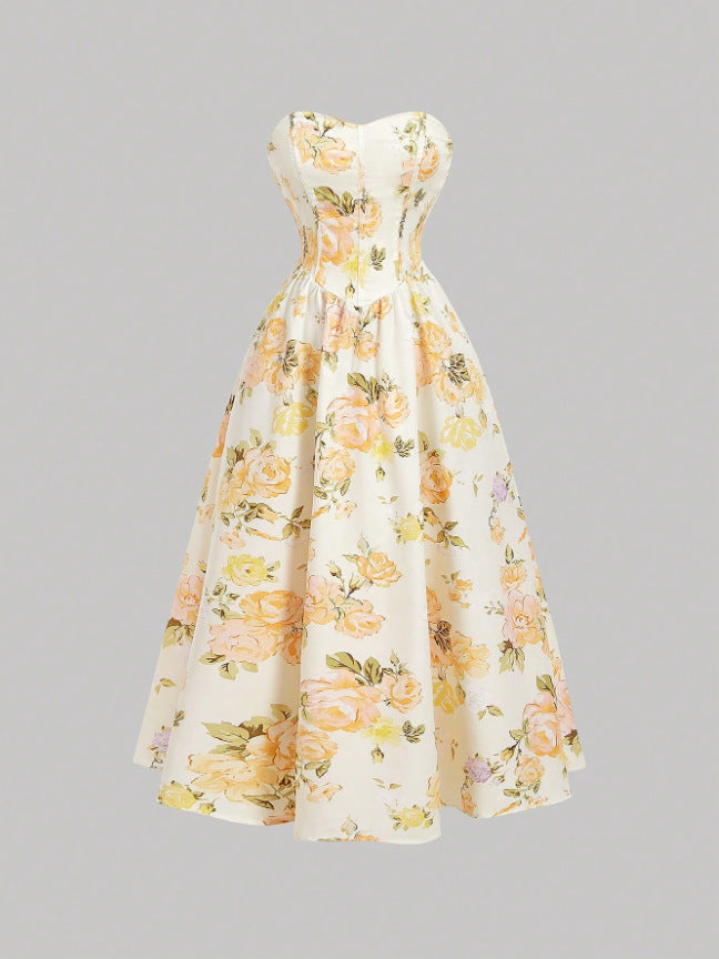 Elegant Sleeveless Floral Printed Dress - Vintage A-Line Midi Dress