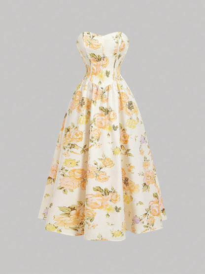 Elegant Sleeveless Floral Printed Dress - Vintage A-Line Midi Dress