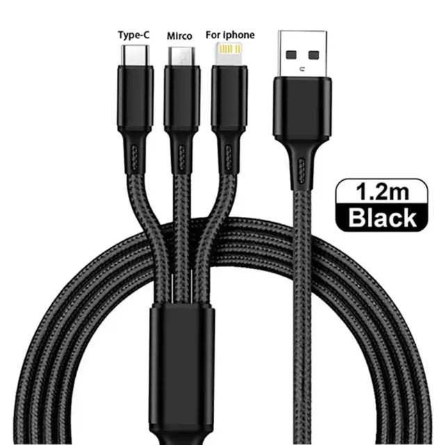 Universal 3-in-1 Charging Cable - 1.2M Multi-Device Fast Charger Cord for iPhone & Android