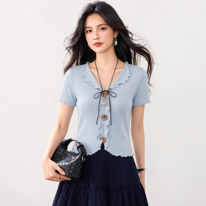 Elegant Ruffle Collar Short Sleeve Knitwear - Chic Bow Design Top for Women