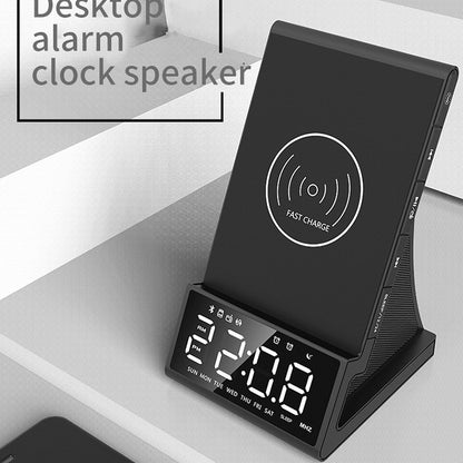 3-in-1 Wireless Charger & Bluetooth Speaker - Desktop Alarm Clock with Phone Holder Stand
