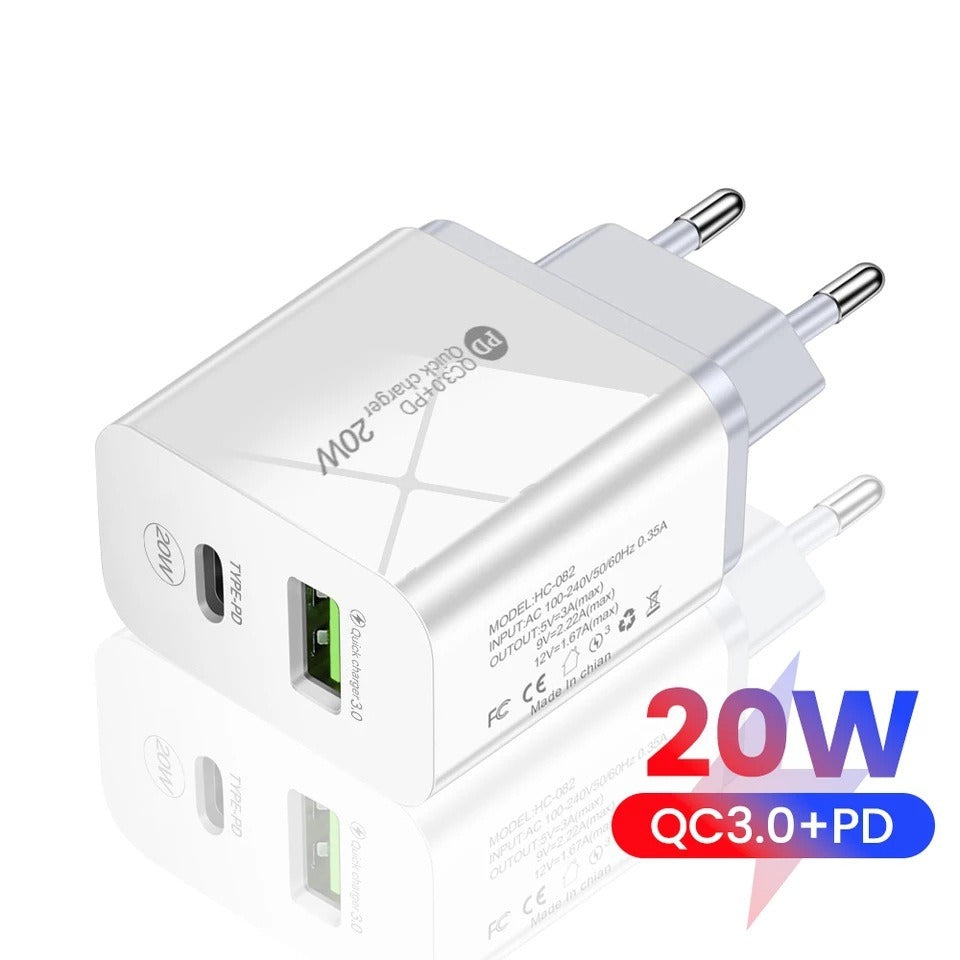 Dual-Port 20W Fast Charging Head - USB and Type-C Wall Charger Adapter