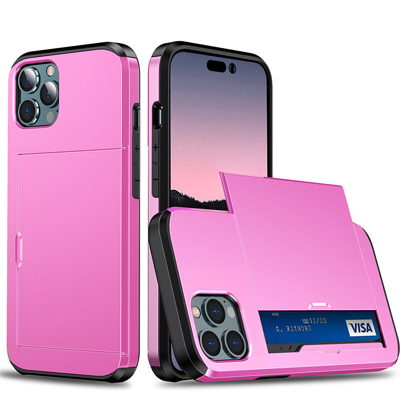 Sliding Card Holder Case for iPhone 14 13 12 Pro - Hidden Wallet Slot Anti-Drop Armor Cover
