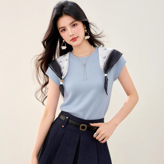 Women's Fashionable Scarf Detail Knit Top - Elegant Slim Fit Summer Tee