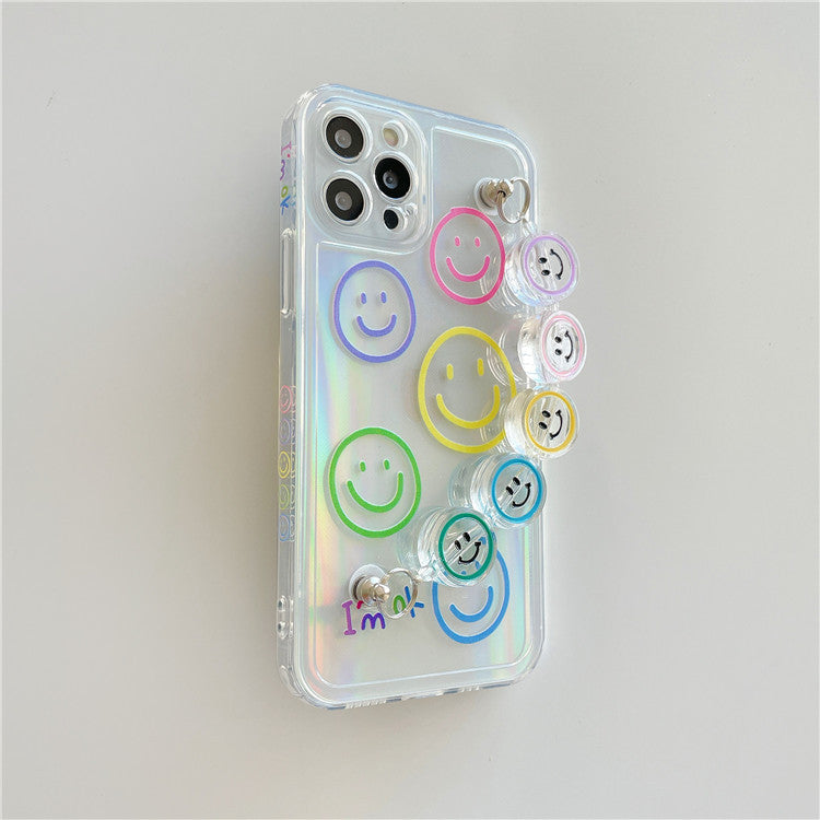 Transparent Colorful Smiley Face Phone Case with Bead Wrist Chain Bracelet for iPhone 16 15 14 13 Pro Max - Clear Soft Cover