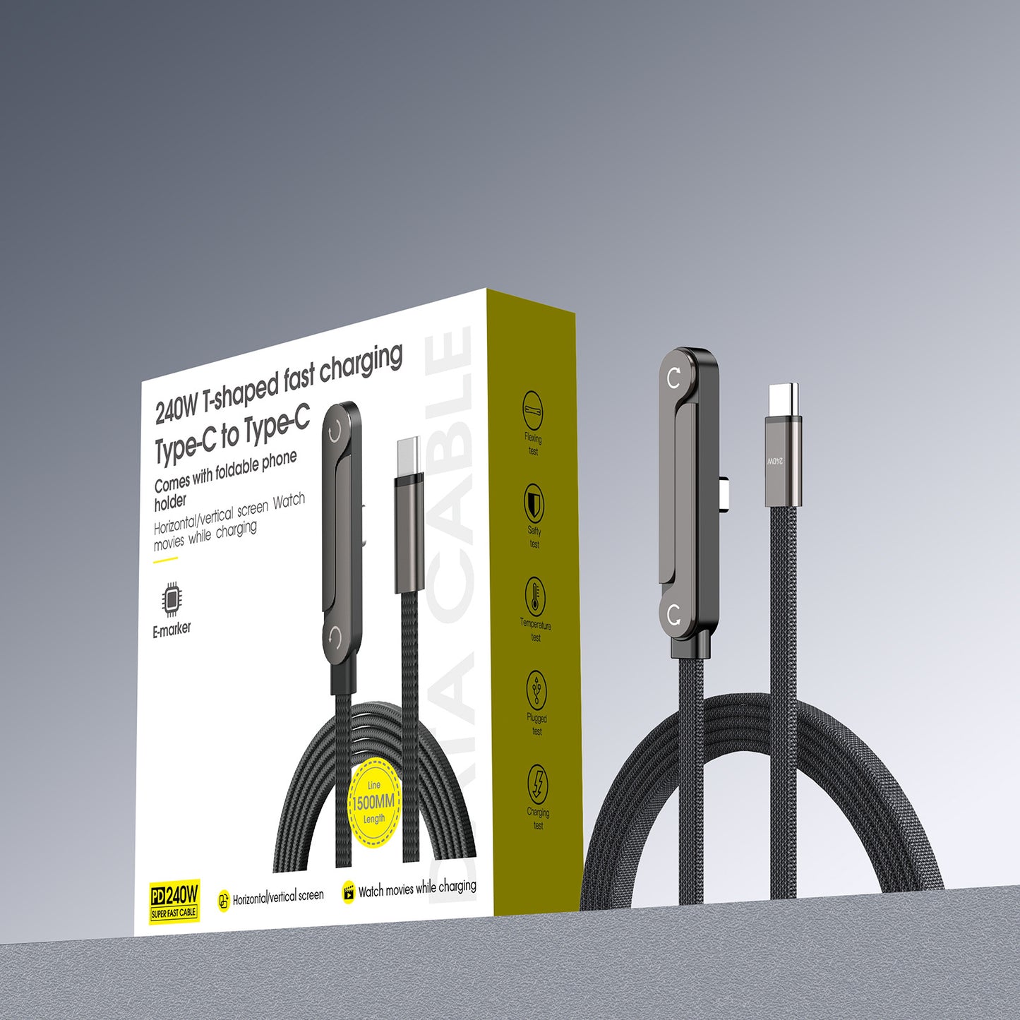 240W Fast Charging Cable with Folding Stand - Bendable Non-Blocking Data Cable & Phone Holder