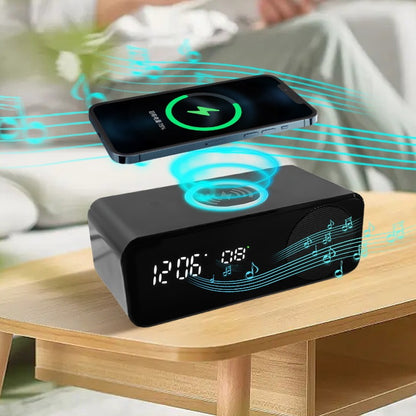 Multifunctional Bluetooth Speaker with Wireless Charger - Digital Alarm Clock & Temperature Display