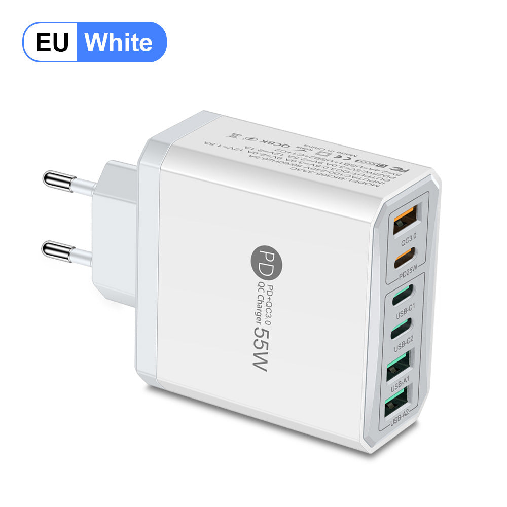 6-in-1 Fast Charging Head - 55W QC3.0 & PD Multi-Port Wall Charger Adapter