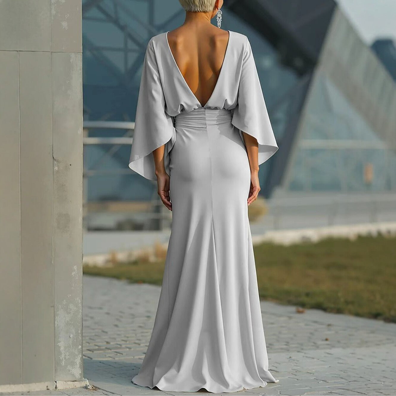 Women's Elegant Backless Pleated Maxi Dress - Formal Long Evening Gown