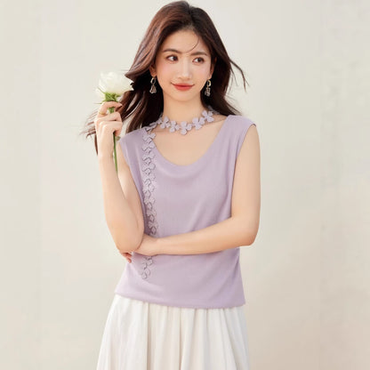 Women's Decorative Flower Sleeveless Vest - Plus Size Slim Fit Knit Inner Wear