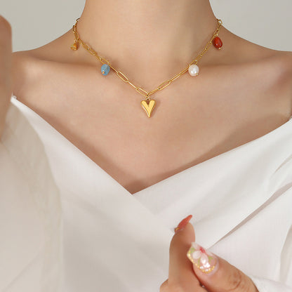 Gold Heart Pendant with Colorful Gemstone Drops