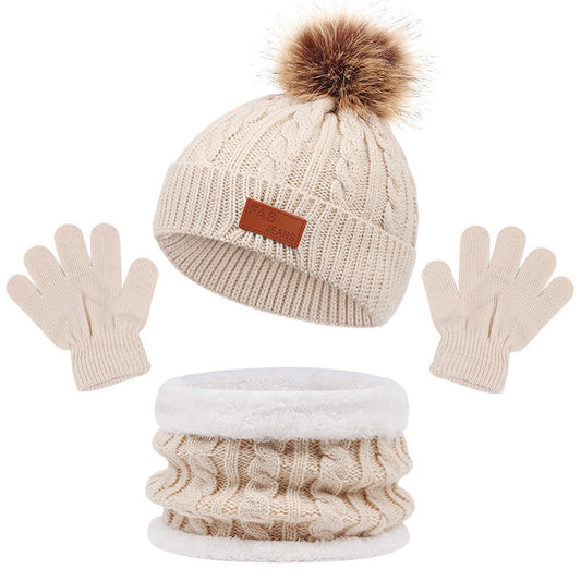 Toddler Autumn Winter Warm Beanie Set with Faux Fur Pom Pom