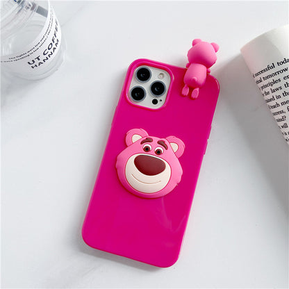 Cute 3D Lying Strawberry Bear Silicone Phone Case for iPhone 16 15 14 13 12 Pro Max - Soft Cartoon Cover