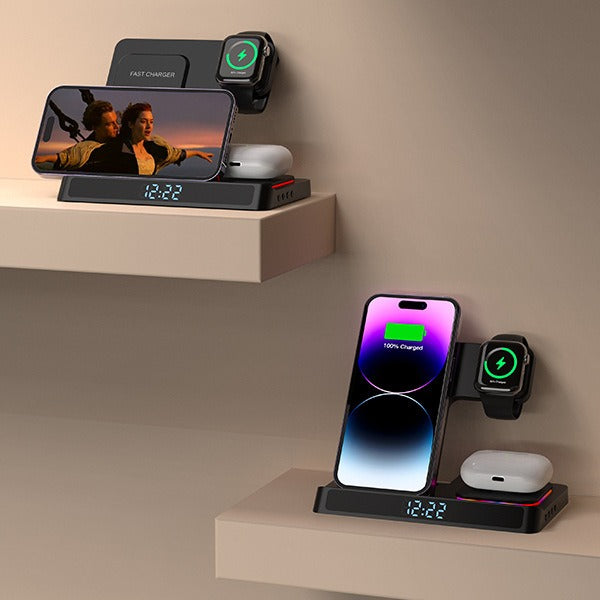 4-in-1 Folding Wireless Charging Station - Desktop Dock with Clock for iPhone & Apple Watch