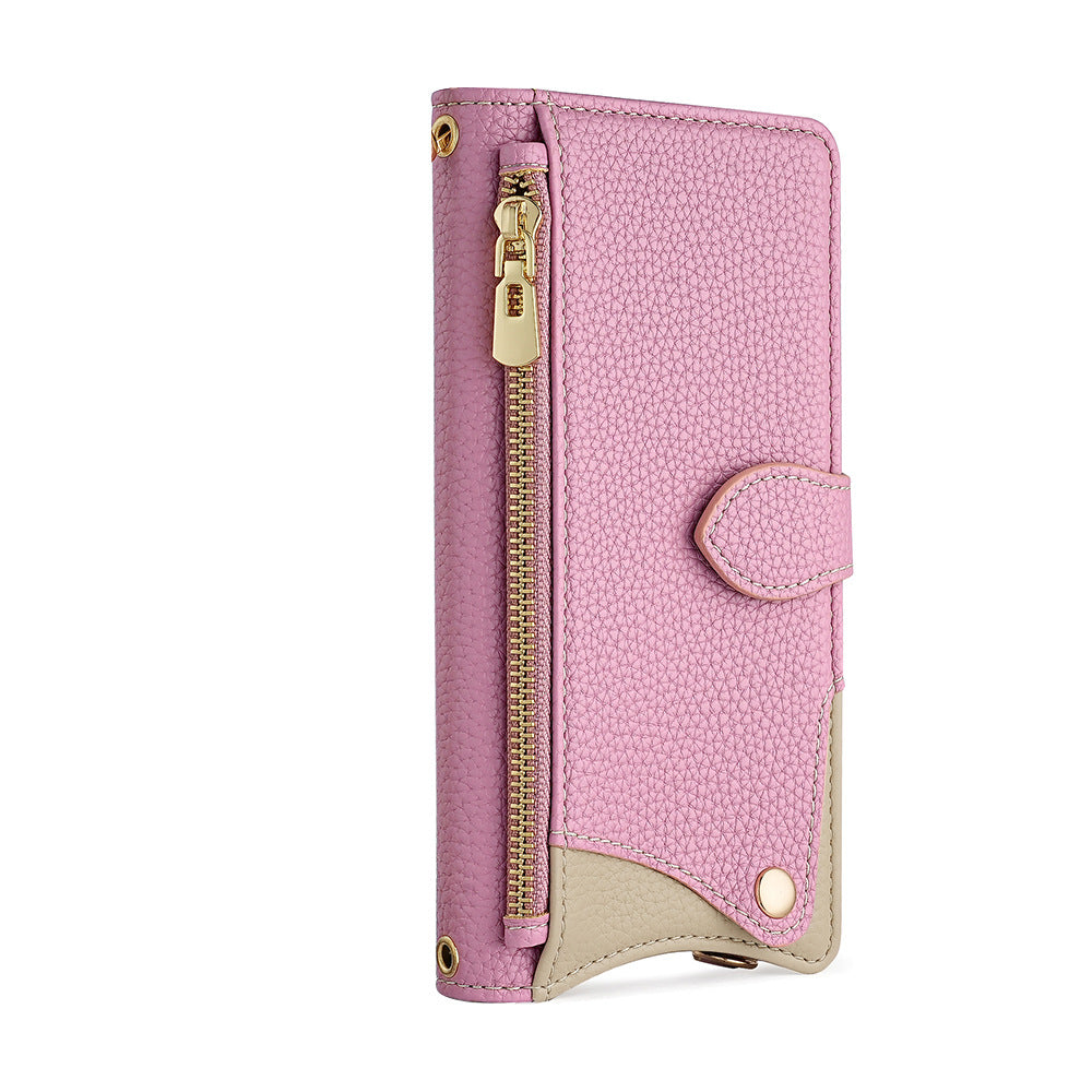 Crossbody Leather Wallet Case with Makeup Mirror & Card Holder for iPhone 17 16 15 14 Pro Max - Zipper Pocket Stand Cover