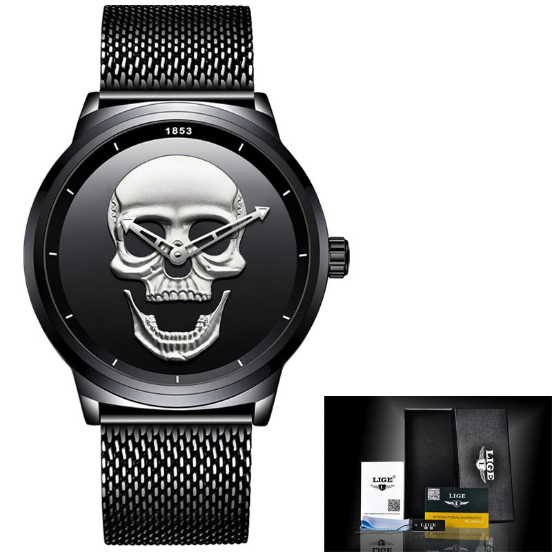 LIGE Men's Creative 3D Skull Watch - Punk Style Stainless Steel Quartz Wristwatch