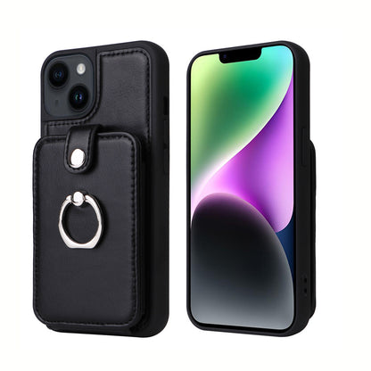 Multi Card Slot Leather Wallet Case with Metal Ring Stand - Shockproof Back Cover for iPhone