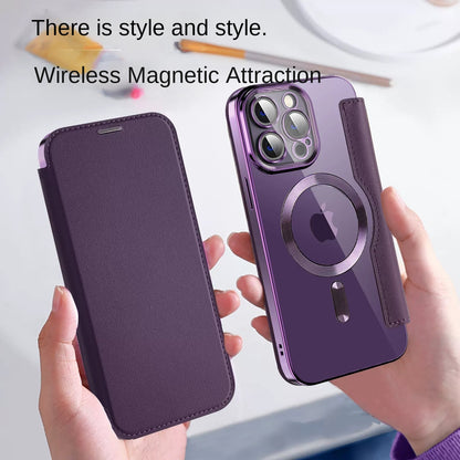 Electroplated Magnetic Leather Wallet Flip Case with Card Holder for iPhone 16 15 14 Pro Max - Clear Back Cover