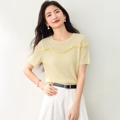 Elegant Lace Trim Round Neck Knit Top - Sweet Short Sleeve Blouse for Women