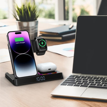 4-in-1 Folding Wireless Charging Station - Desktop Dock with Clock for iPhone & Apple Watch