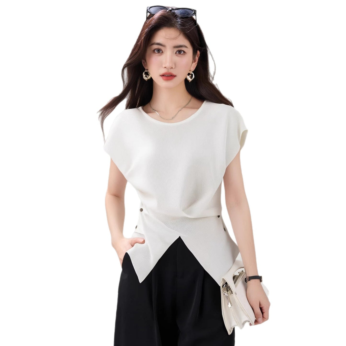 Women's Irregular Hem Knit Top - Elegant Side Button Short Sleeve Sweater