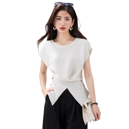 Women's Irregular Hem Knit Top - Elegant Side Button Short Sleeve Sweater