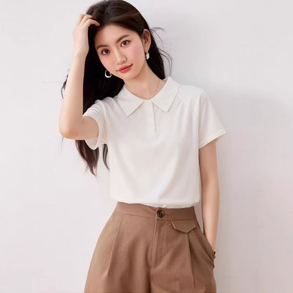 Elegant Ice Silk Knitted Polo Shirt - Unique Fitted Regular Shoulder Top for