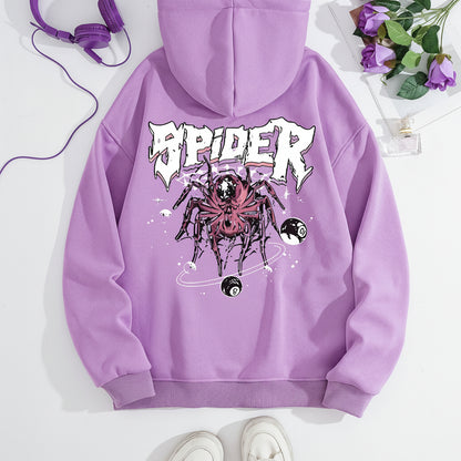 Grunge Spider Graphic Print Hoodie | Oversized Lavender Pullover for Streetwear