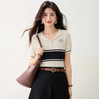 Women's Navy Collar Striped Knit Shirt - Retro Casual Short Sleeve Top