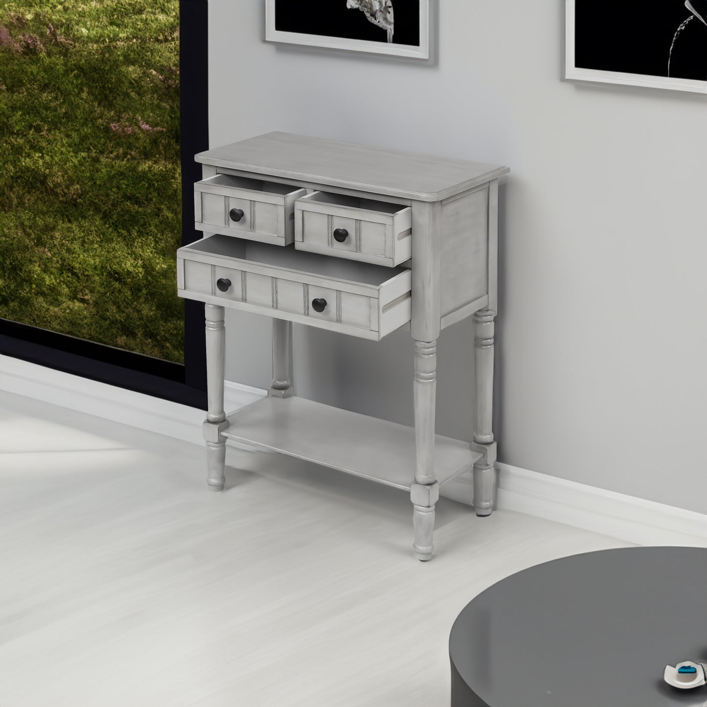 Narrow Console Desk/Sofa Table with Three Drawers (Grey Washed)