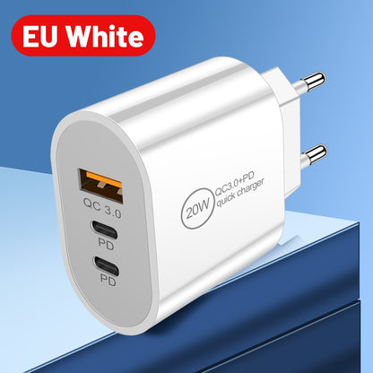 20W USB & Dual PD Type-C Fast Wall Charger - Multi-Port Universal Travel Charging Adapter