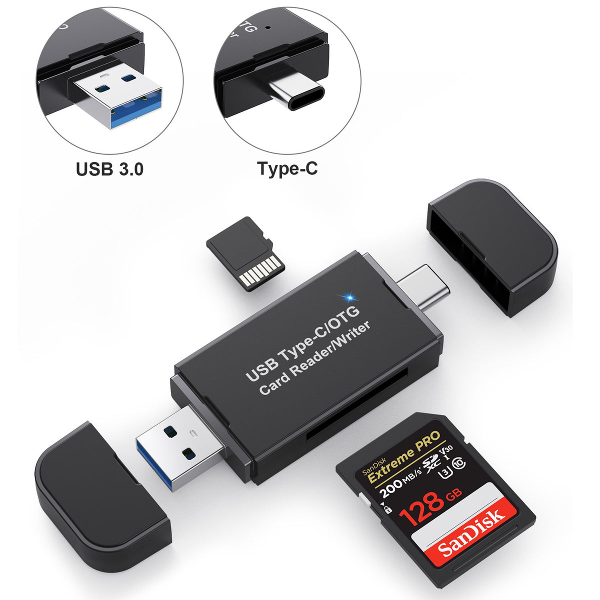 USB 3.0 & Type-C OTG Card Reader - All-in-One Memory Card Adapter for Mobile Phones and Laptops