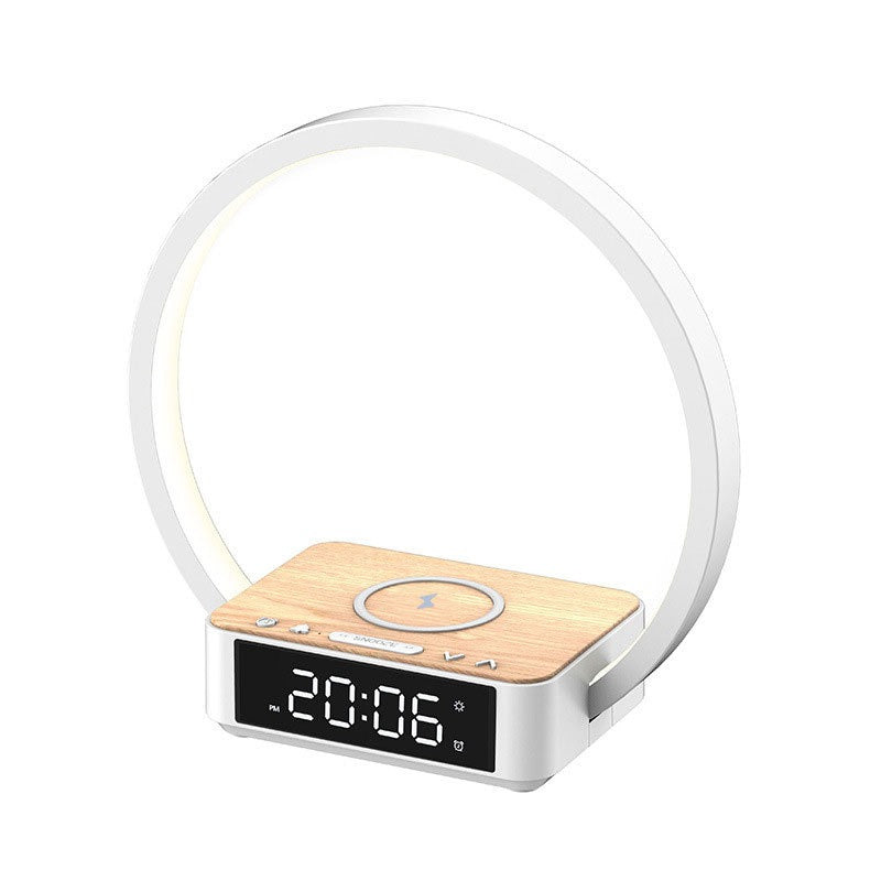 Modern Touch LED Bedside Lamp with Wireless Charger & Digital Alarm Clock - Wood Grain Night Light