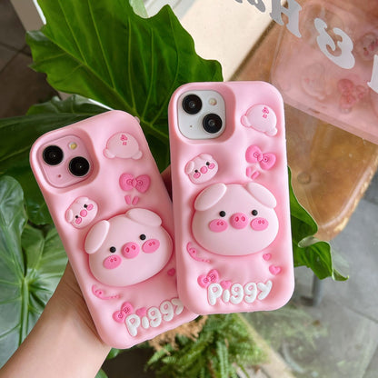 Kawaii Pink Piggy Soft Silicone Phone Case with Stand - Cute Protective Cover for iPhone 16 15 Pro Max